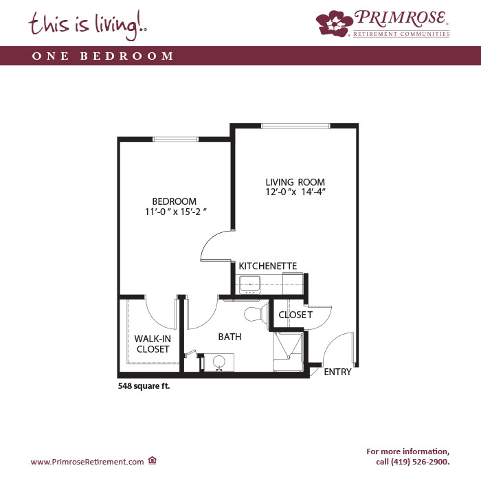 Primrose of Mansfield floor plan for the one bedroom, one bath apartment with 548 sq ft
