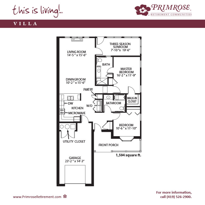 Primrose of Mansfield floor plan for the two bedroom two bath Townhome Villa with 1,594 sq ft