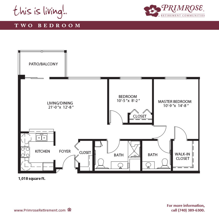 Primrose of Marion floor plan for the two bedroom, one and a half bath apartment with 1018 sq ft and balcony or patio