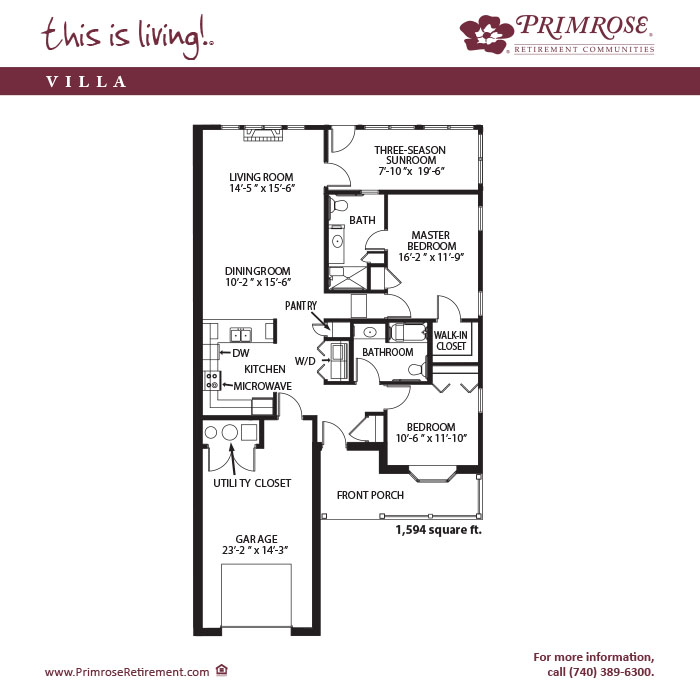 Primrose of Maron floor plan for the two bedroom two bath Townhome Villa with 1,594 sq ft