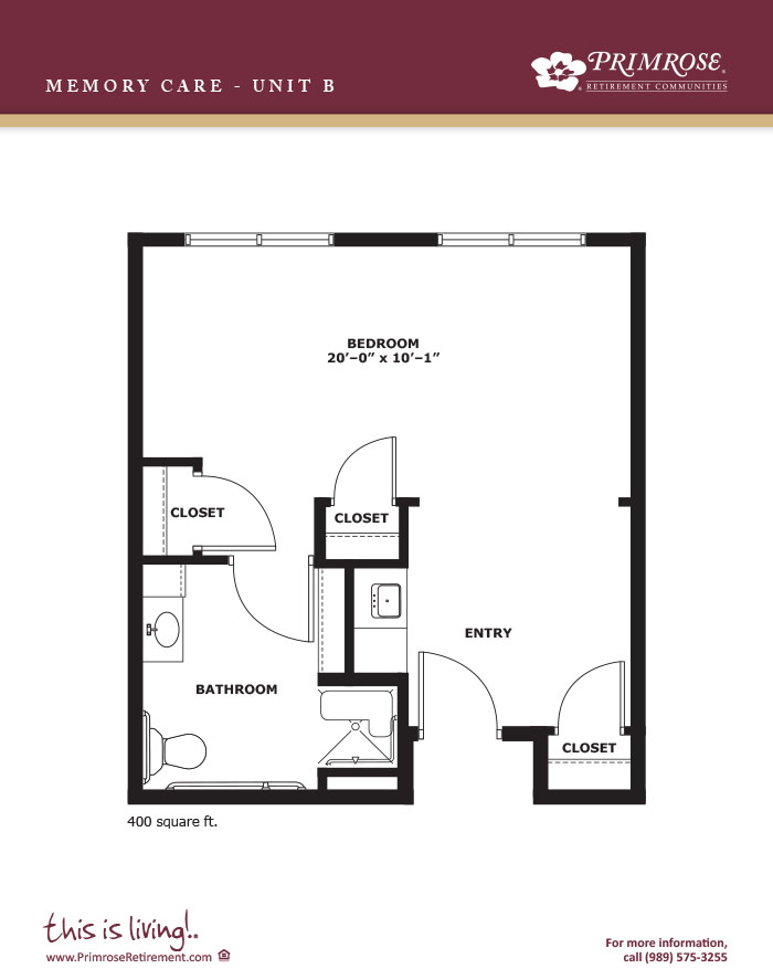 Primrose of Appleton floor plan for the one bedroom one bath memory care apartment with 400 sq ft