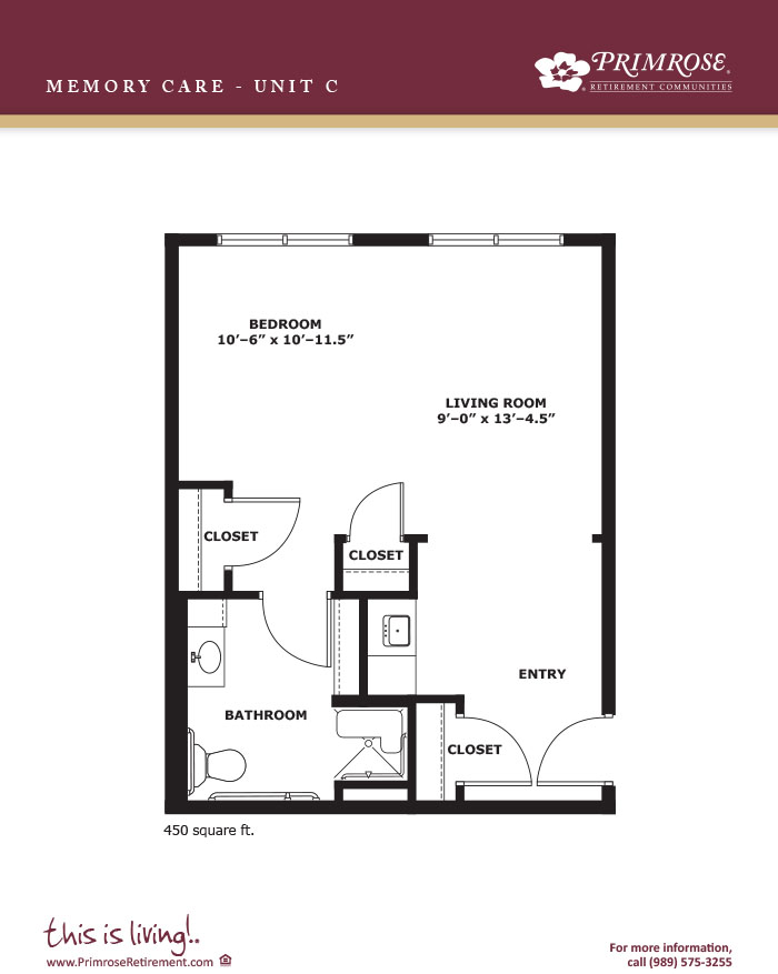 Primrose of Appleton floor plan for the one bedroom one bath memory care apartment with 450 sq ft