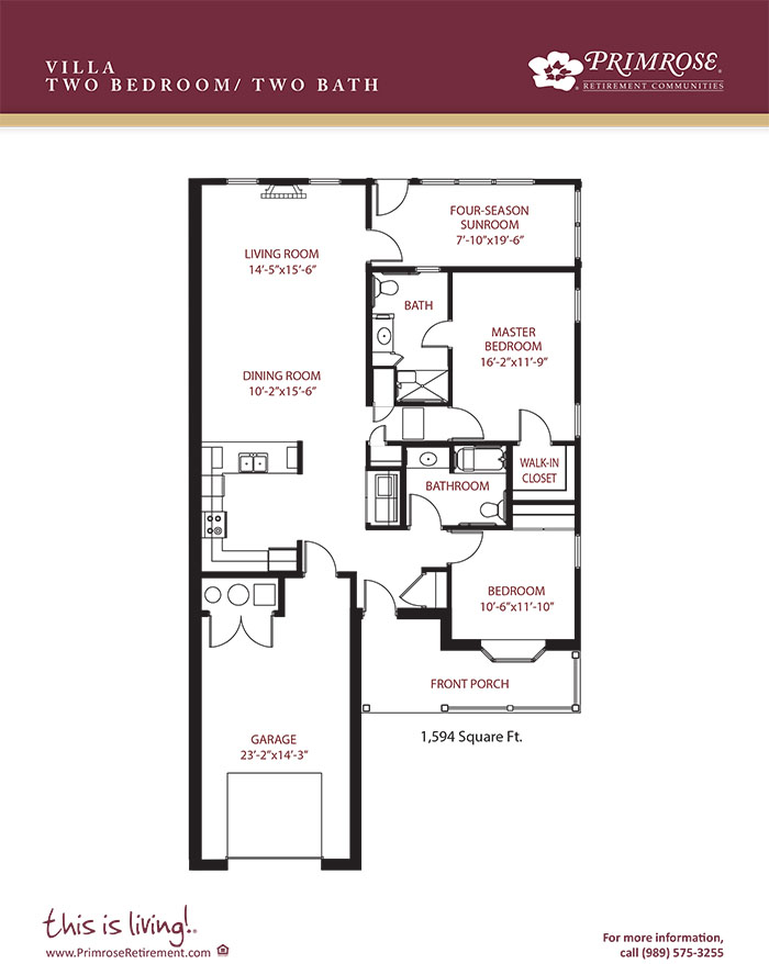 Primrose of Midland floor plan for the two bedroom two bath Townhome Villa with 1,594 sq ft