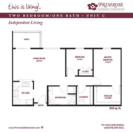 Primrose of Mishawaka floor plan for the two bedroom, one bath apartment with 950 sq ft and balcony or patio