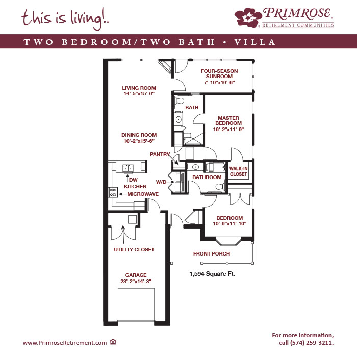 Primrose of Mishawaka floor plan for the two bedroom two bath Townhome Villa with 1,594 sq ft