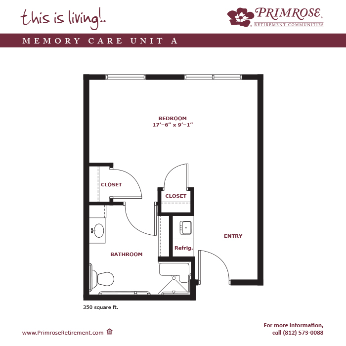 Primrose of Newburgh floor plan for the one bedroom, one bath memory care apartment with 350 sq ft