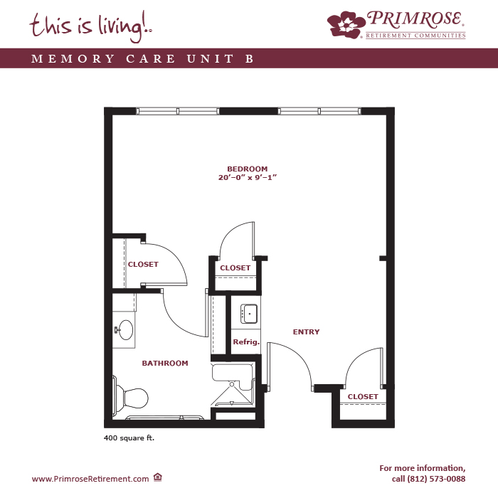 Primrose of Newburgh floor plan for the one bedroom, one bath memory care apartment with 400 sq ft