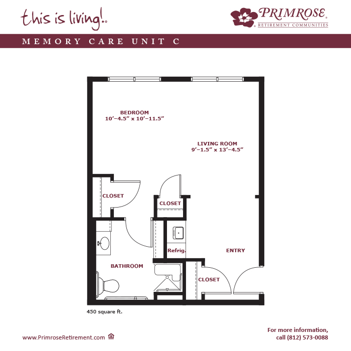 Primrose of Newburgh floor plan for the one bedroom, one bath memory care apartment with 450 sq ft