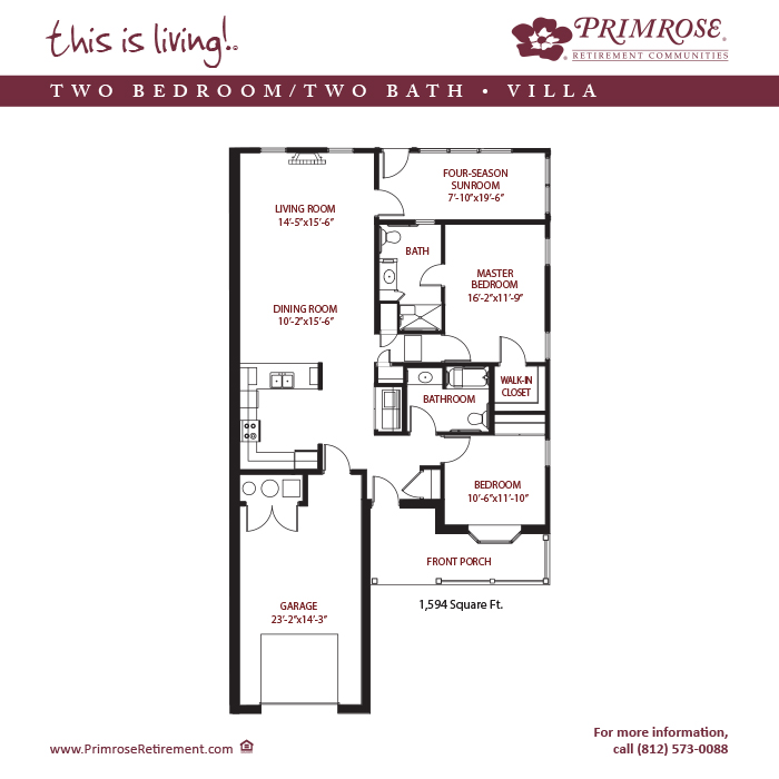 Primrose of Newburgh floor plan for the two bedroom two bath Townhome Villa with 1,594 sq ft