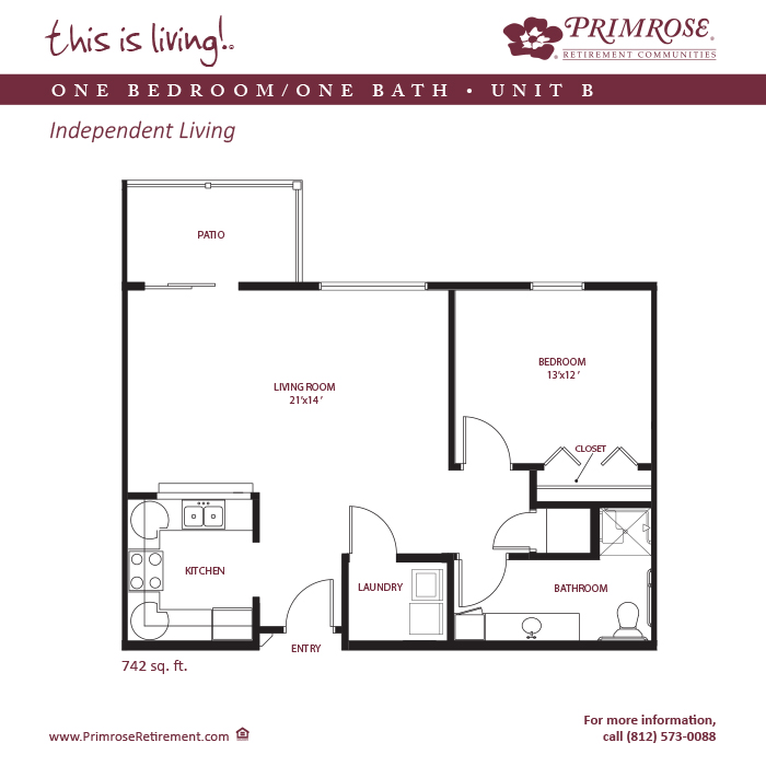 Primrose of Newburgh floor plan for the one bedroom, one bath apartment with 742 sq ft