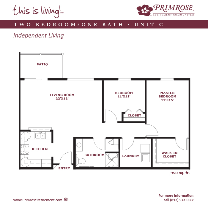 Primrose of Newburgh floor plan for the two bedroom, one bath apartment with 950 sq ft