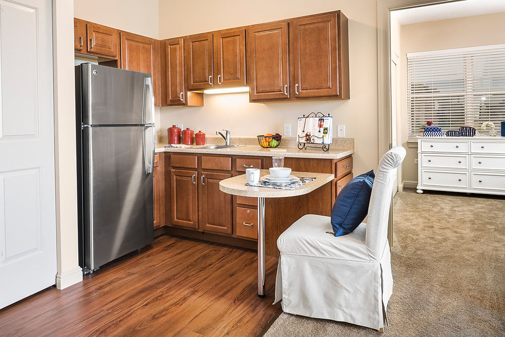Assisted living apartment kitchenette at the Pleasant Prairie, WI Primrose Retirement Community.