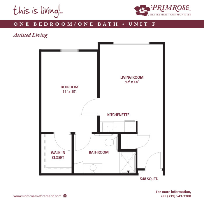 Primrose of Pueblo floor plan for the one bedroom, one bath apartment with 548 sq ft