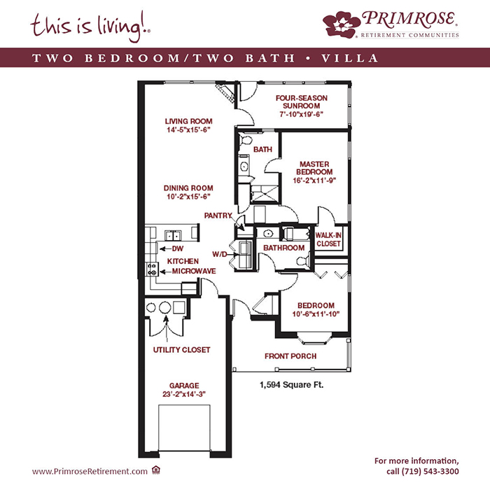 Primrose of Pueblo floor plan for the two bedroom two bath Townhome Villa with 1,594 sq ft