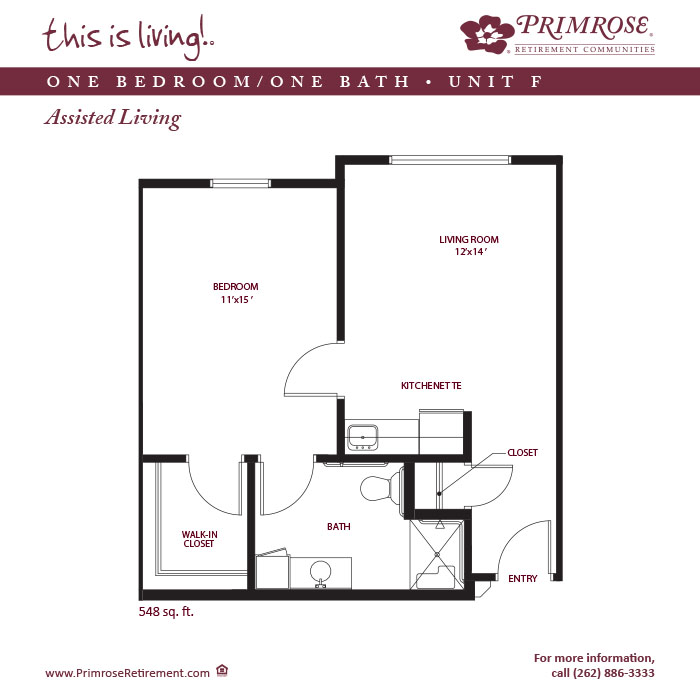 Primrose of Mt. Pleasant floor plan for the one bedroom, one bath apartment with 548 sq ft
