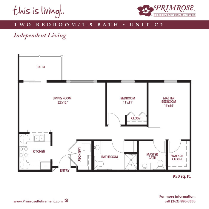 Primrose of Mt. Pleasant floor plan for the two bedroom, one and a half bath apartment with 950 sq ft and balcony or patio