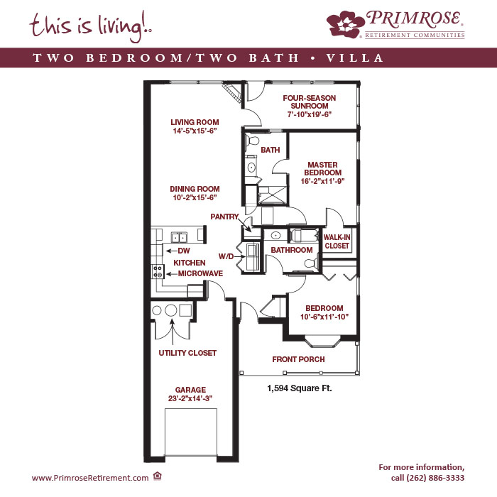 Primrose of Mt. Pleasant floor plan for the two bedroom two bath Townhome Villa with 1,594 sq ft