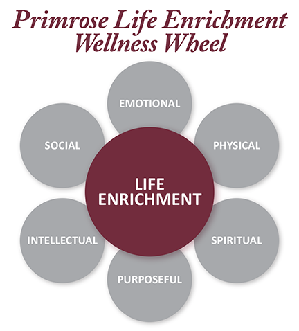 Primrose Life Enrichment Wellness Wheel with five spokes of emotional, physical, spiritual, intellectual and social wellness.