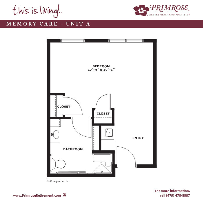 Primrose of Rogers floor plan for the one bedroom, one bath memory care apartment with 350 sq ft