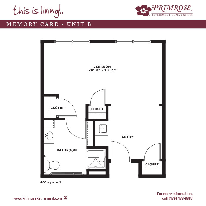 Primrose of Rogers floor plan for the one bedroom, one bath memory care apartment with 400 sq ft