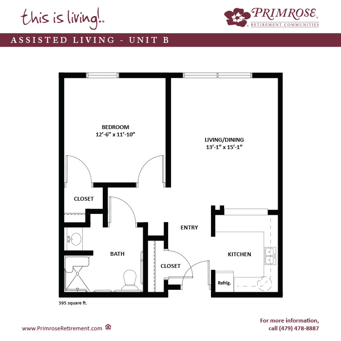Primrose of Rogers floor plan for the one bedroom, one bath apartment with 595 sq ft