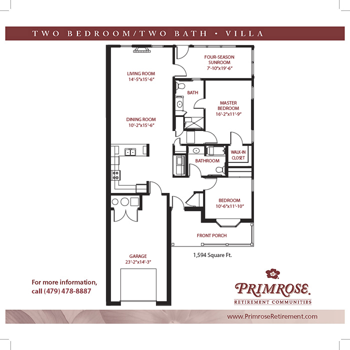 Primrose of Rogers floor plan for the two bedroom two bath Townhome Villa with 1,594 sq ft