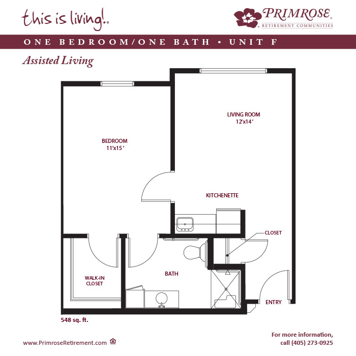 Primrose of Shawnee floor plan for the one bedroom, one bath apartment with 548 sq ft