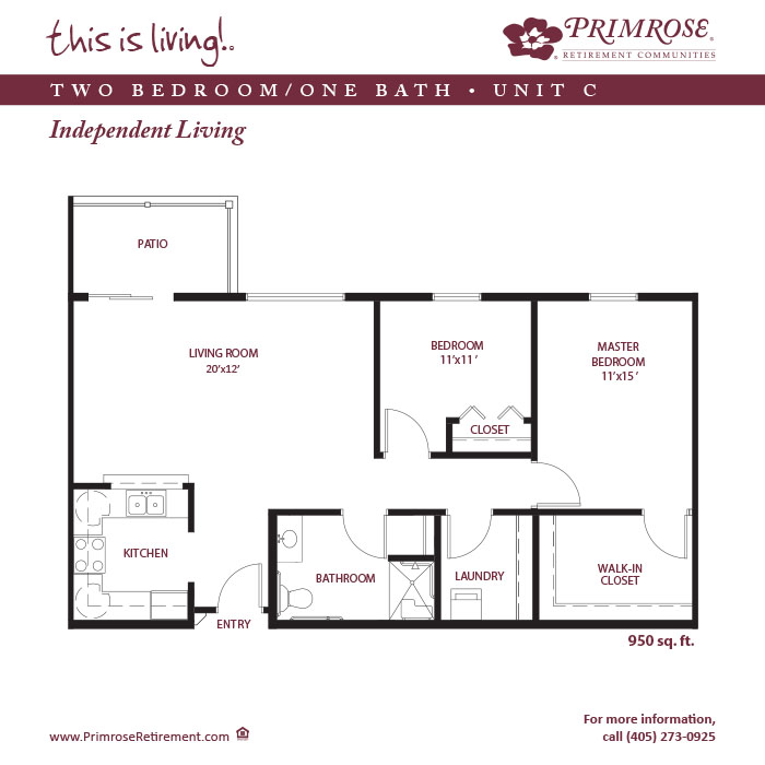 Primrose of Shawnee floor plan for the two bedroom, one bath apartment with 950 sq ft and balcony or patio