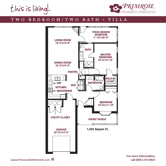 Primrose of Shawnee floor plan for the two bedroom two bath Townhome Villa with 1,594 sq ft