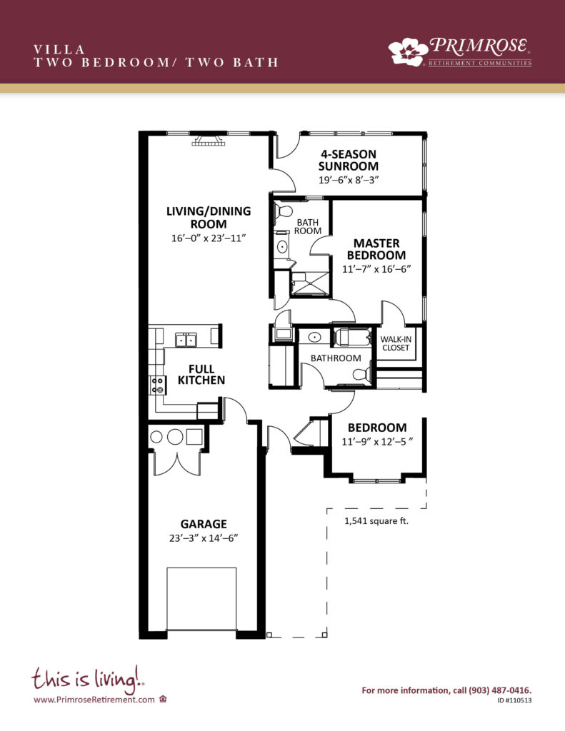 Primrose of Tyler floor plan for the two bedroom two bath Townhome Villa with 1,541 sq ft