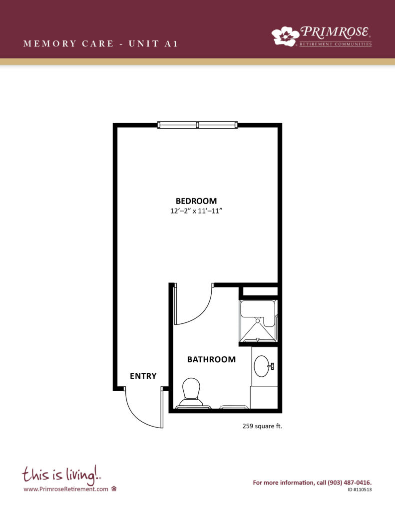 Primrose of Tyler floor plan for the one bedroom, one bath apartment with 259 sq ft