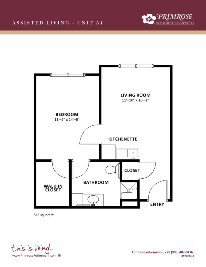 Primrose of Tyler floor plan for the one bedroom, one bath apartment with 543 sq ft