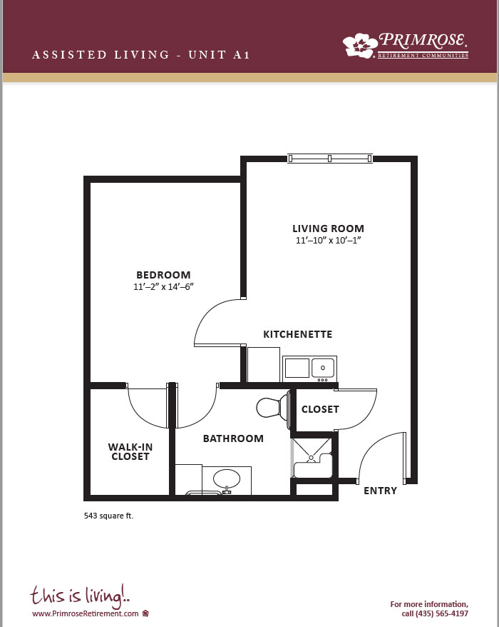 Primrose of Washington floor plan for the one bedroom, one bath apartment with 543 sq ft