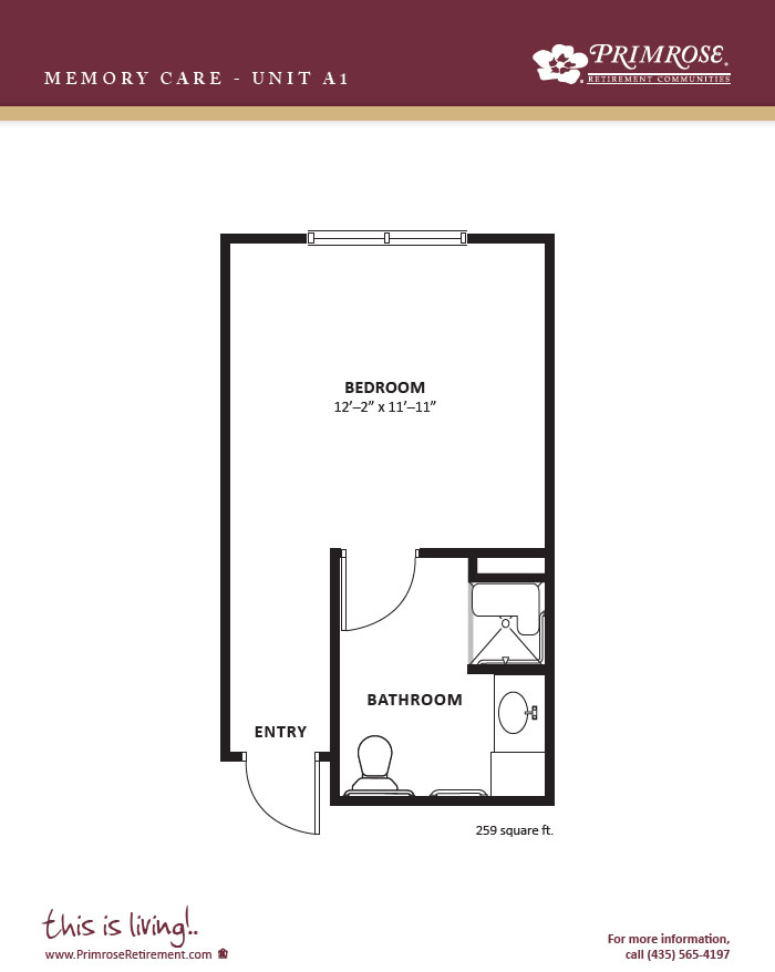 Primrose of Washington floor plan for the one bedroom, one bath apartment with 259 sq ft