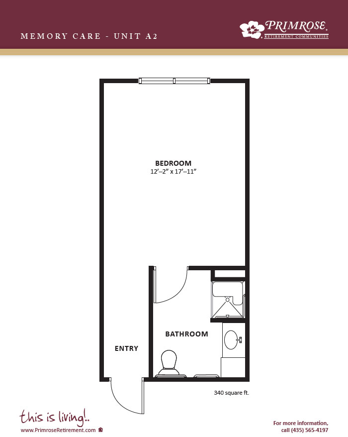 Primrose of Washington floor plan for the one bedroom, one bath apartment with 340 sq ft