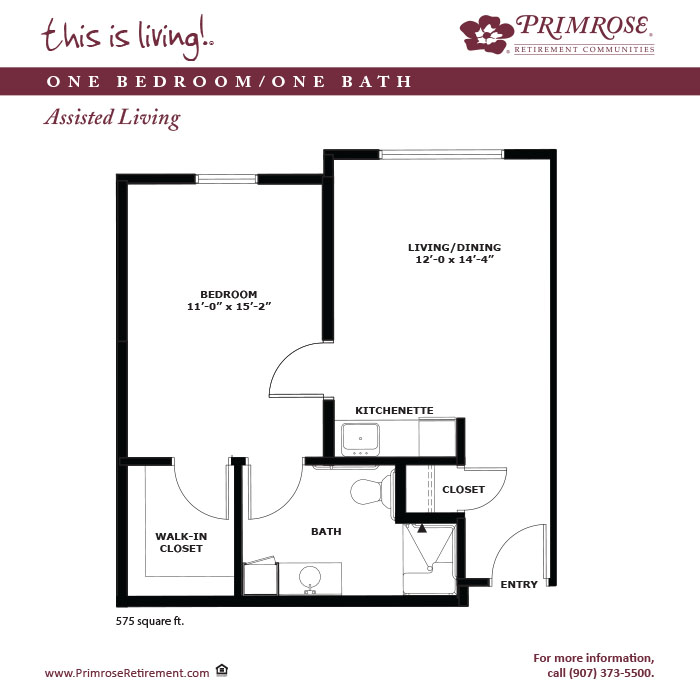 Primrose of Wasilla floor plan for the one bedroom, one bath apartment with 575 sq ft