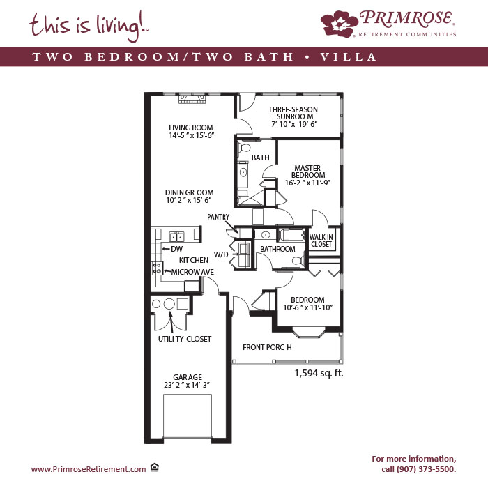 Primrose of Wasilla floor plan for the two bedroom two bath Townhome Villa with 1,594 sq ft