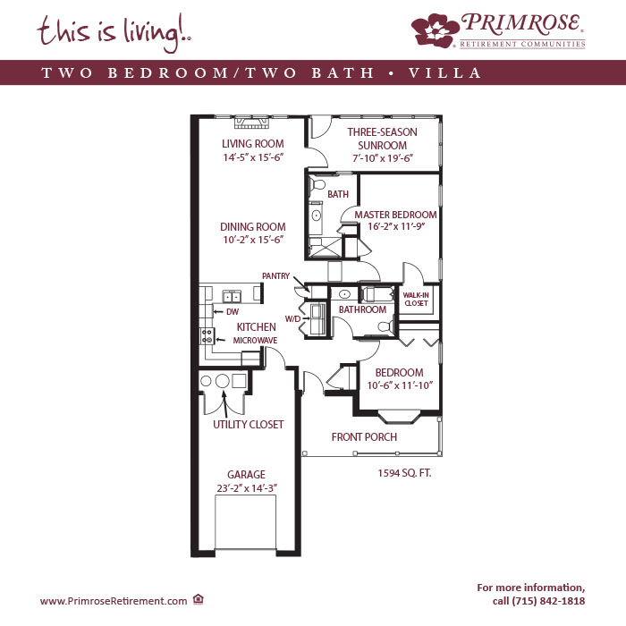 Primrose of Wausau floor plan for the two bedroom two bath Townhome Villa with 1,594 sq ft