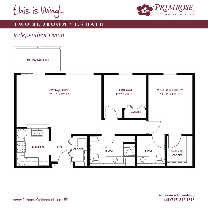 Primrose of Wausau floor plan for the two bedroom, one and a half bath apartment with 1018 sq ft and balcony or patio