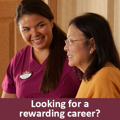 Photo of a Primrose staff member and resident smiling with the caption 'Looking for a rewarding career?' that links to https://primroseretirement.com/primrose-careers-culture/