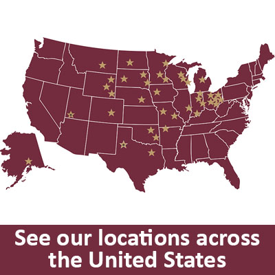 Map of the United States with Primrose locations marked on it with the caption 'See our locations across the United States'