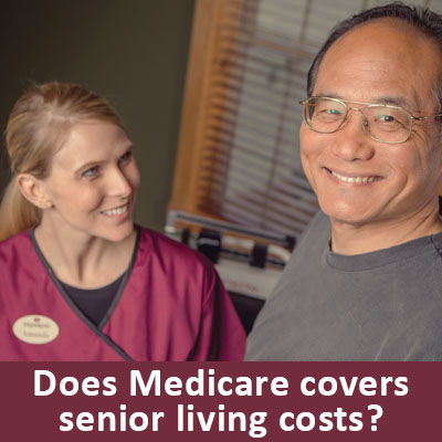 Photo of residents with staff member and the question "Does Medicare cover senior living costs?" and links to https://primroseretirement.com/senior-living/does-medicare-cover-senior-living/