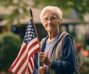 Elderly female veteran holds up an American flag for the memorial day