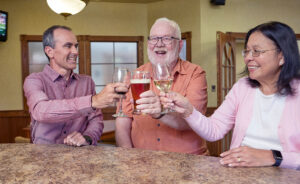 Three senior friends in the pub enjoying happy hour