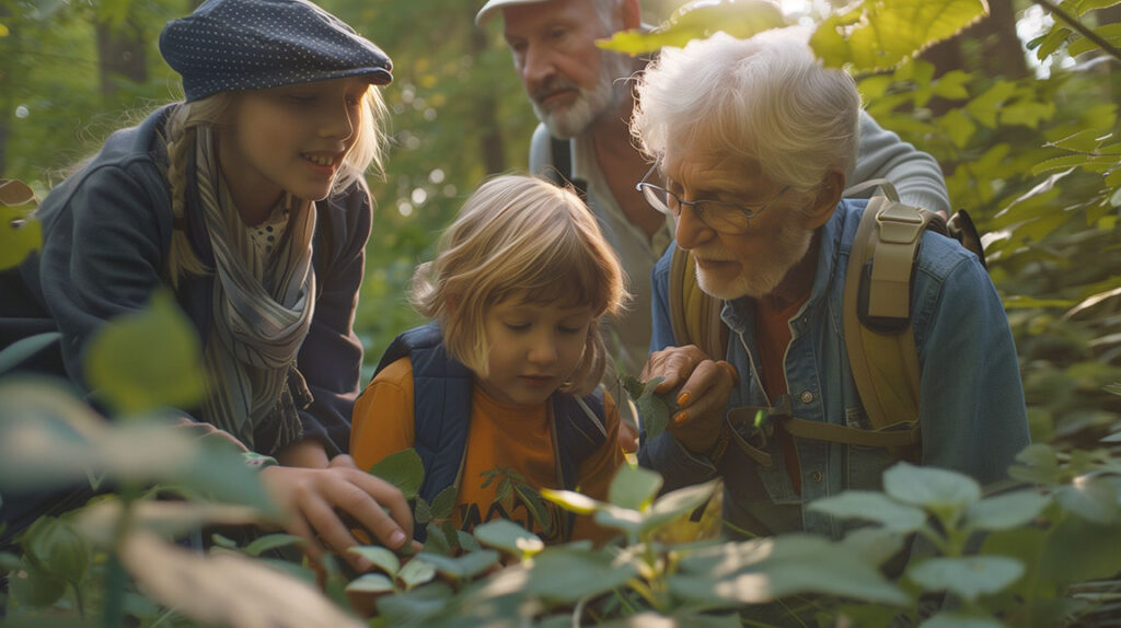Grandparents out on a scavenger hunt with their grandkids on a walk outside.