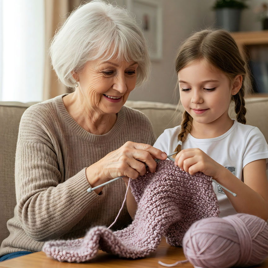 Grandma teaching granddaughter how to knit.