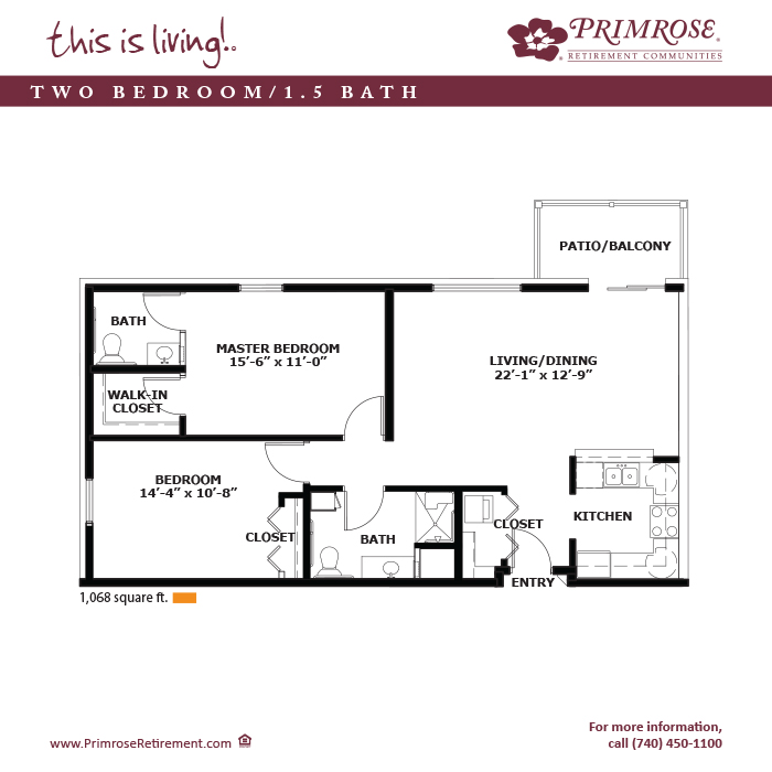 Primrose of Zanesville floor plan for the two bedroom, one and a half bath apartment with 1068 sq ft and balcony or patio