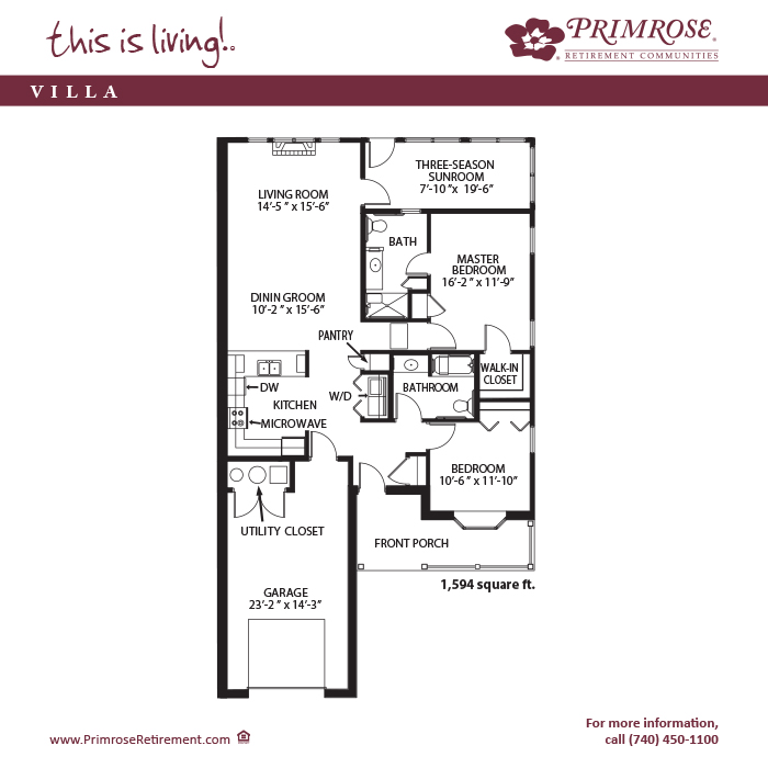 Primrose of Zanesville floor plan for the two bedroom two bath Townhome Villa with 1,594 sq ft